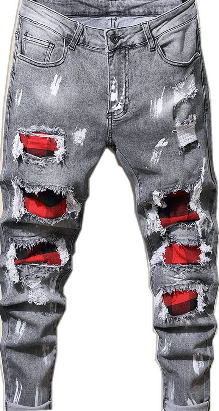 Men's Distressed Grey Slim-Fit Denim Jeans